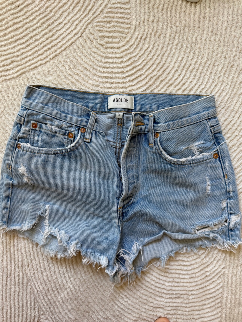 Agolde Light Blue Distressed Mini Shorts, 26
